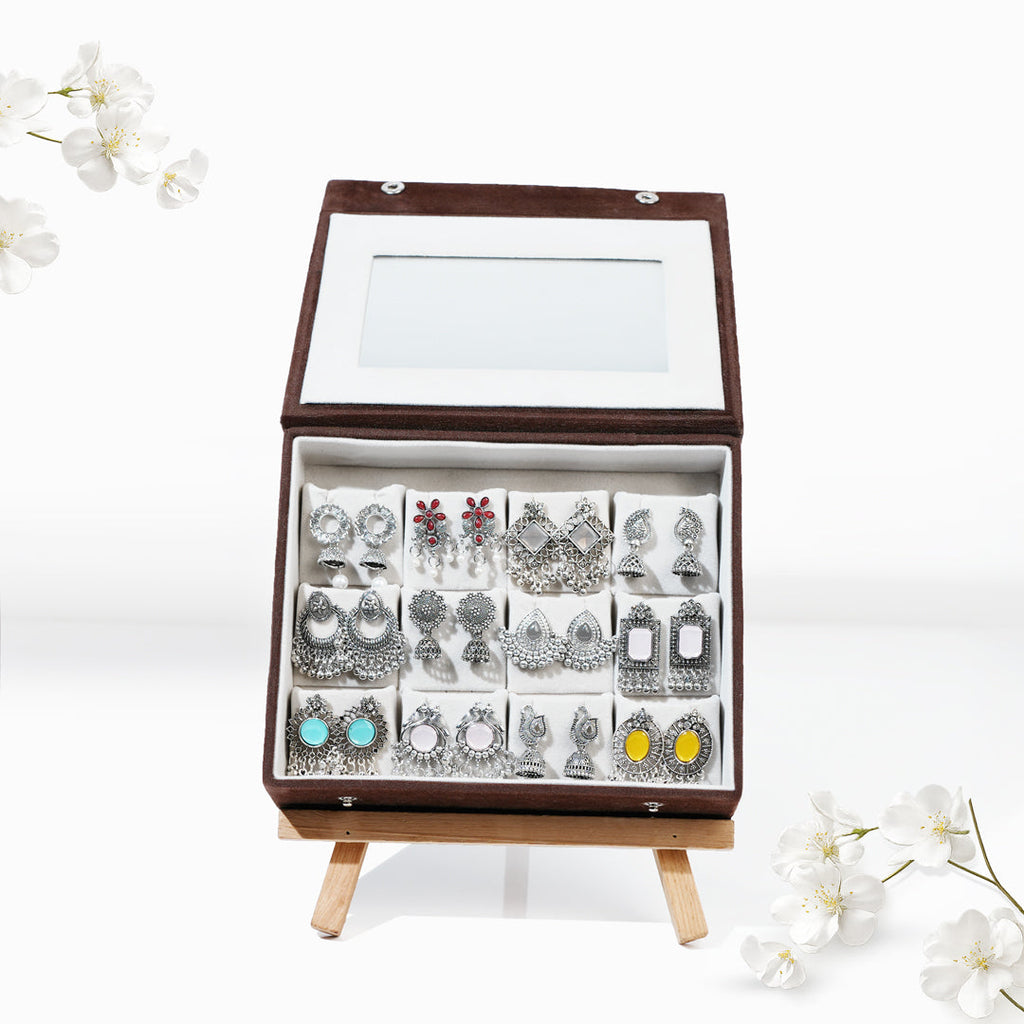 Set Of 12 Oxidized Designer Earrings With Folding Mirror Jewelry Box
