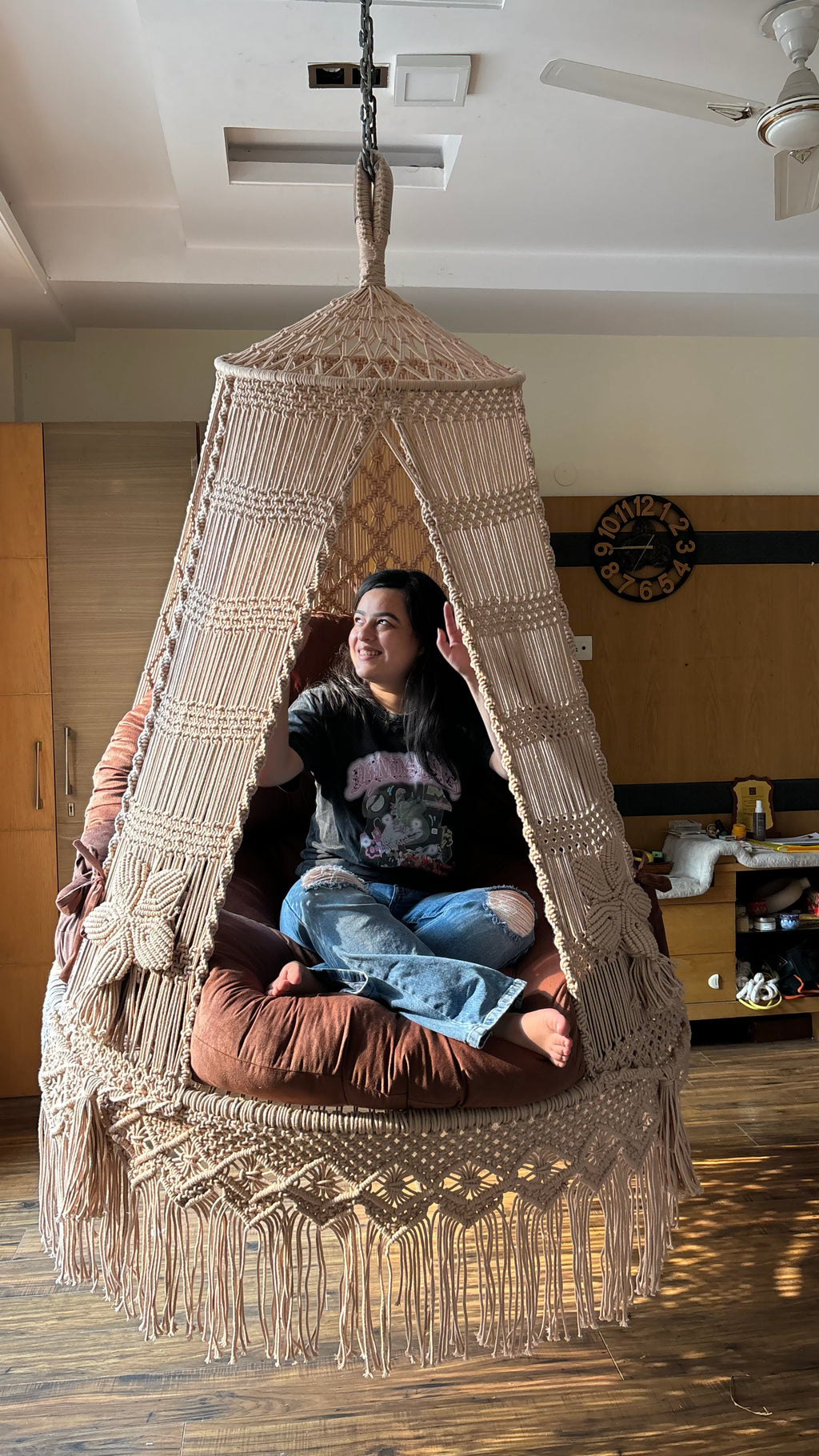 Macrame hanging hammock swing for two people in Peach Pink color