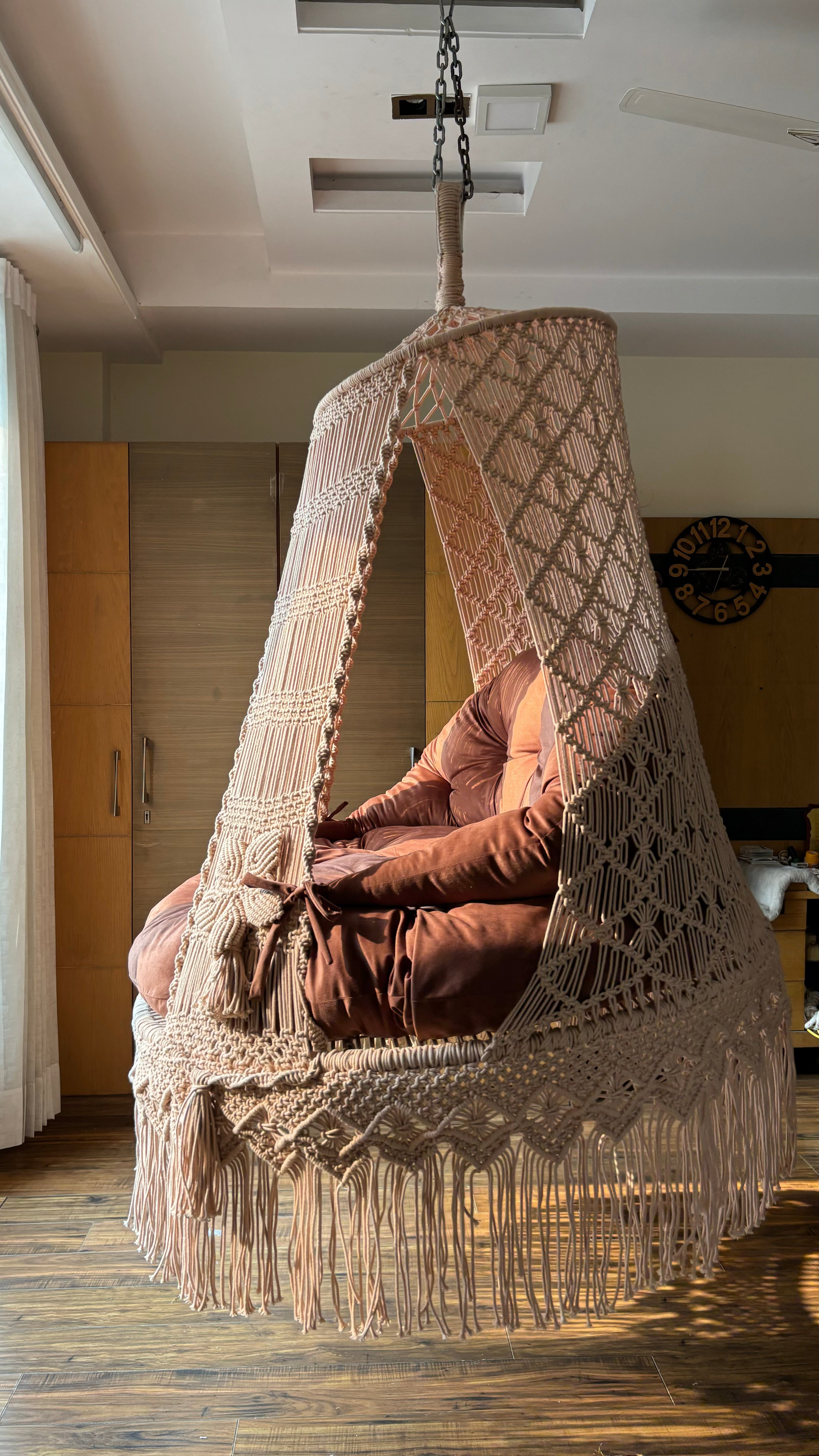 Macrame hanging hammock swing for two people in Peach Pink color